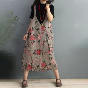 Deep-V Printed Summer Dress Cotton Linen Big Pocket Overall Dress