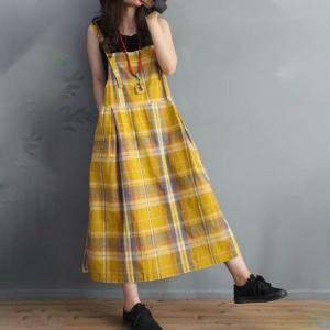 Preppy Style Cotton Linen Plaid Overall Dress Summer Loose Clothing