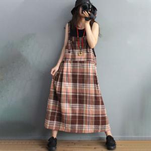 Preppy Style Cotton Linen Plaid Overall Dress Summer Loose Clothing