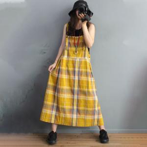 Preppy Style Cotton Linen Plaid Overall Dress Summer Loose Clothing