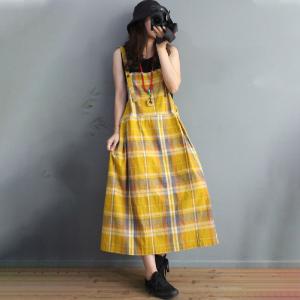 Preppy Style Cotton Linen Plaid Overall Dress Summer Loose Clothing