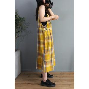 Preppy Style Cotton Linen Plaid Overall Dress Summer Loose Clothing