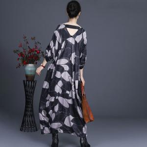 Abstract Prints Black Balloon Dress Plus Size Silk Caftan for Women