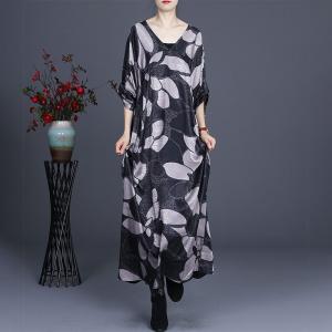 Abstract Prints Black Balloon Dress Plus Size Silk Caftan for Women