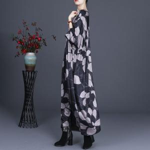 Abstract Prints Black Balloon Dress Plus Size Silk Caftan for Women