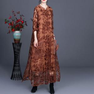 Beautiful Gauze Embroidered Maxi Dress Applique Pockets Sheer Dress