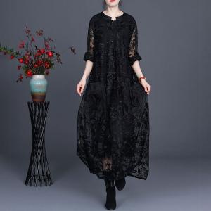 Beautiful Gauze Embroidered Maxi Dress Applique Pockets Sheer Dress