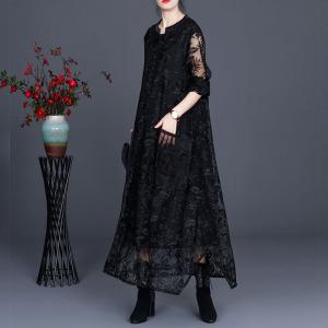 Beautiful Gauze Embroidered Maxi Dress Applique Pockets Sheer Dress