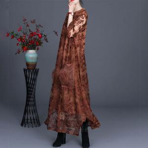 Beautiful Gauze Embroidered Maxi Dress Applique Pockets Sheer Dress