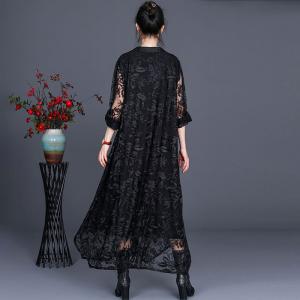 Beautiful Gauze Embroidered Maxi Dress Applique Pockets Sheer Dress