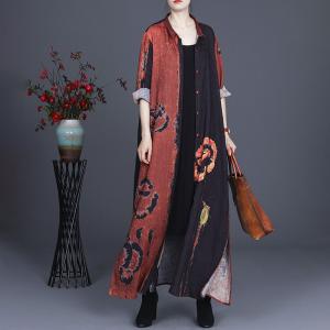 Totem Printed Oversized Shirt Dress Side Slits Long Cardigan