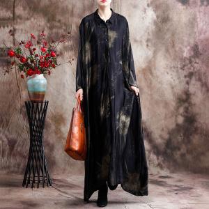 Large Size Printed Maxi Shirt Dress Flare Vintage Dress for Senior Women