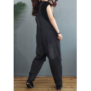 Empire Waist Stone Wash Overall Pants Womens Baggy Farmer Overalls