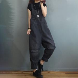 Empire Waist Stone Wash Overall Pants Womens Baggy Farmer Overalls