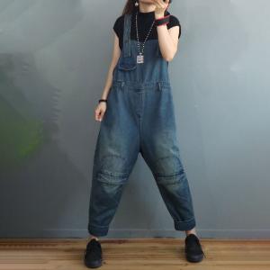 Empire Waist Stone Wash Overall Pants Womens Baggy Farmer Overalls