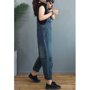 Empire Waist Stone Wash Overall Pants Womens Baggy Farmer Overalls