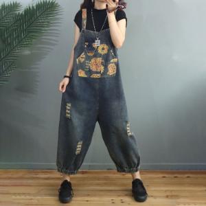 Flowers Printed Balloon Denim Bib Overalls Casual Ripped Gardening Clothes