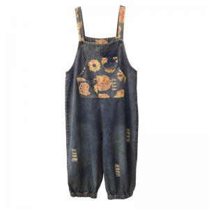 Flowers Printed Balloon Denim Bib Overalls Casual Ripped Gardening Clothes