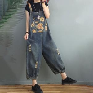 Flowers Printed Balloon Denim Bib Overalls Casual Ripped Gardening Clothes