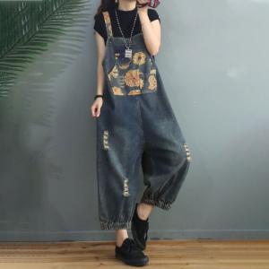 Flowers Printed Balloon Denim Bib Overalls Casual Ripped Gardening Clothes