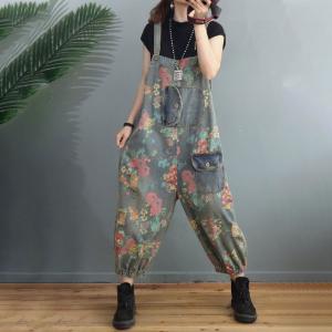 Summer Womens Floral Overalls Balloon Legs Baggy Jean Dungarees