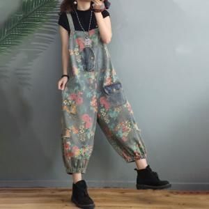 Summer Womens Floral Overalls Balloon Legs Baggy Jean Dungarees