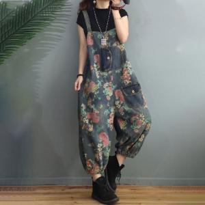 Summer Womens Floral Overalls Balloon Legs Baggy Jean Dungarees
