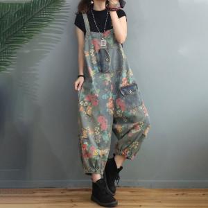 Summer Womens Floral Overalls Balloon Legs Baggy Jean Dungarees