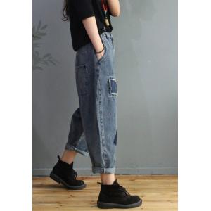 Blue Patchwork Mom Jeans Baggy Distressed Jeans for Women