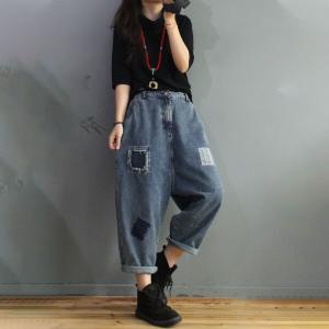 Blue Patchwork Mom Jeans Baggy Distressed Jeans for Women