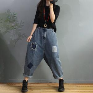 Blue Patchwork Mom Jeans Baggy Distressed Jeans for Women