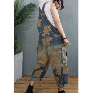 Relax-Fit Cute Bear Overalls Flap Pockets Denim Streetwear