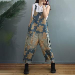 Relax-Fit Cute Bear Overalls Flap Pockets Denim Streetwear