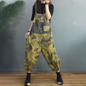 Street Style Yellow Doodles Overalls Denim Puffy Dungarees