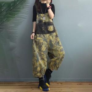 Street Style Yellow Doodles Overalls Denim Puffy Dungarees