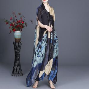 Flowers Printed Maxi Knot Front Dress Silk Leopard Kimono Dress