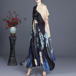 Flowers Printed Maxi Knot Front Dress Silk Leopard Kimono Dress