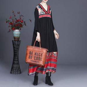 V-Neck Ethnic Printed Chinese Dress Loose Georgette Dress