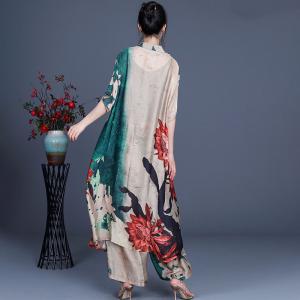 Vintage Flowers Printed Long Shirt with Silky Palazzo Pants