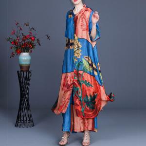 Vintage Flowers Printed Long Shirt with Silky Palazzo Pants