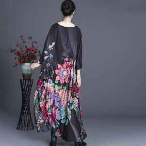 Peony Patterns Plus Size Dress Half Sleeves Silk Resort Wear