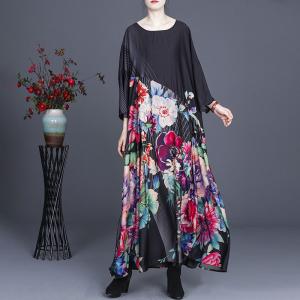 Peony Patterns Plus Size Dress Half Sleeves Silk Resort Wear