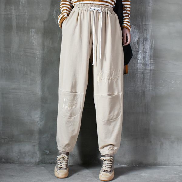 Knee Pockets Letter Embroidered Pants Cotton Korean Jogger Pants