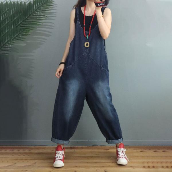 U-Neck Stone Wash Overalls Baggy-Fit Dungarees Overalls