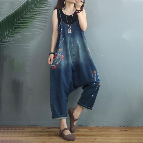 Ethnic Embroidery Harem Overalls Color Fading Blue Overalls