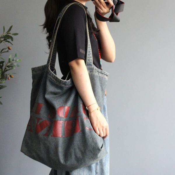 Letter Printed Denim Tote Bag Korean Vintage Shoulder Bag