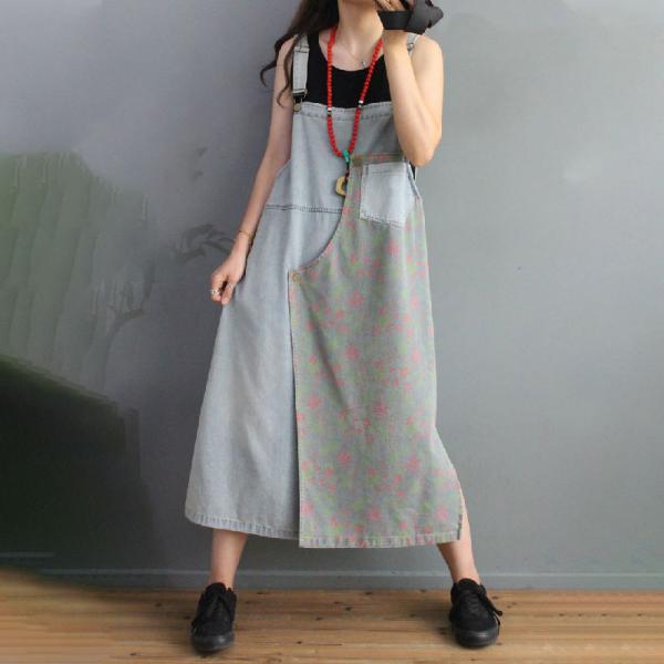 Floral Printed Denim Overall Dress Loose Midi Jean Dress