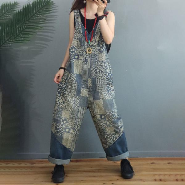 V-Neck Folk Prints Summer Overalls Loose 90s Overalls