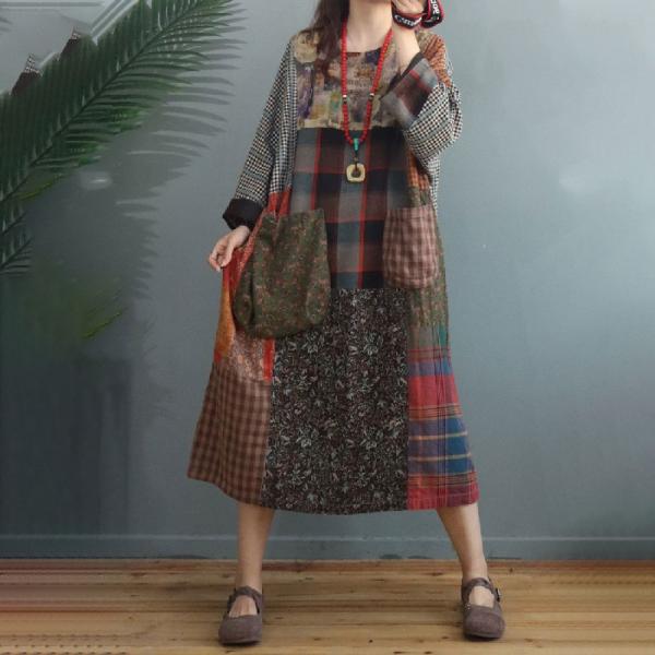 Long Sleeve Midi Folk Dress Cotton Linen Tartan Dress