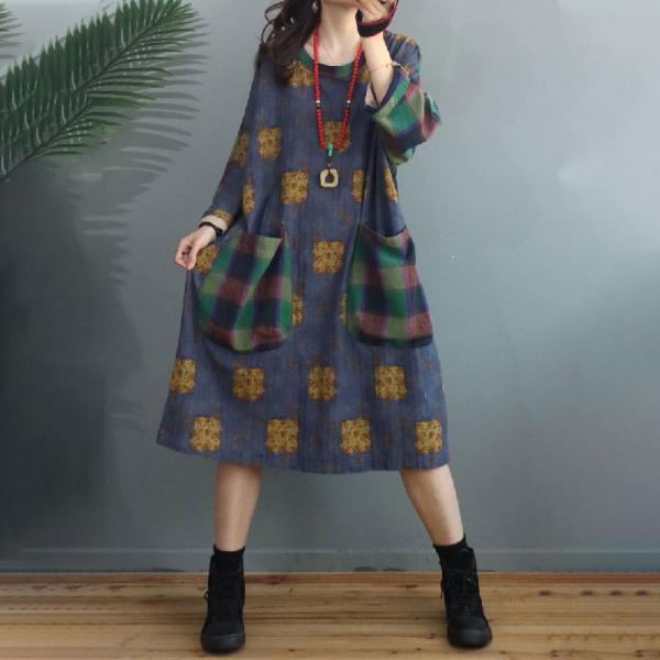 Plaid Pockets Printed Peasant Dress Plus Size Cotton Linen Dress